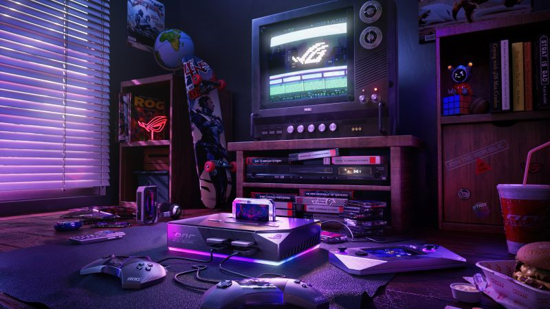 a room with multiple gaming consoles with food and toys